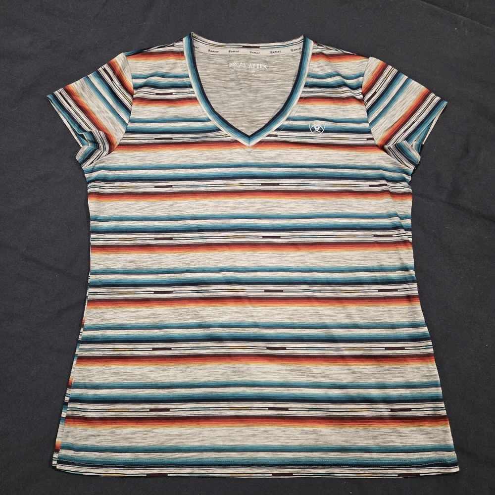 Ariat Tek Women's T-Shirt Top Size Large Stripe Southwest V-Neck Logo